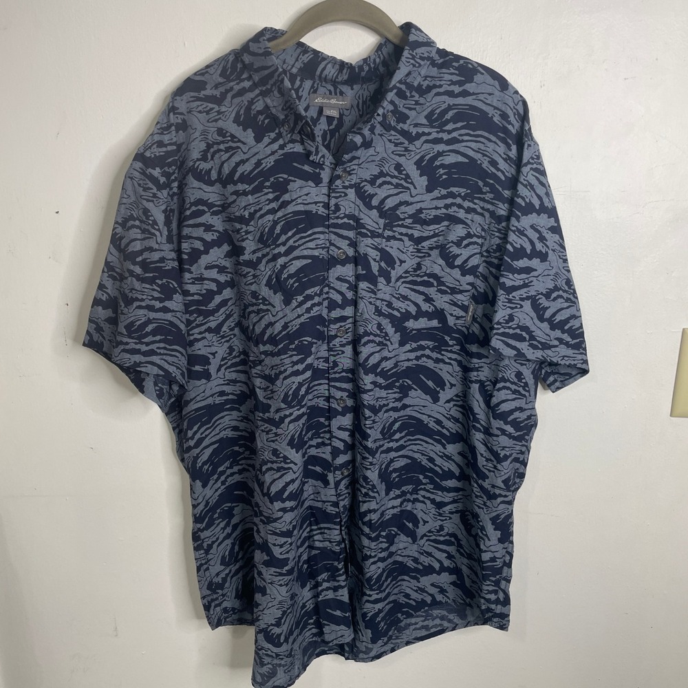 Eddie Bauer Mens 2XL‎ Navy Grey Tiger Stripe Camo Short Sleeve Button Down Shirt